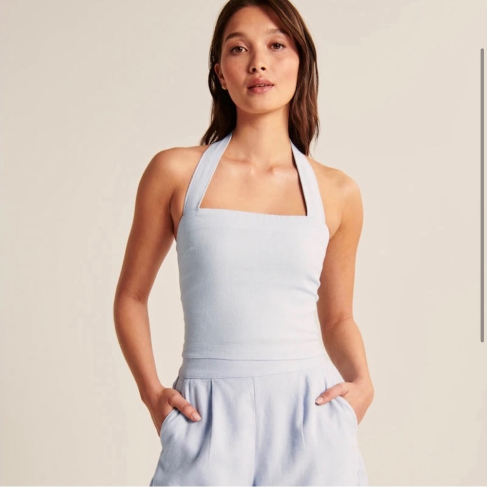 Abercrombie Wide Strap Halter Linen Blend Top, Sky Blue